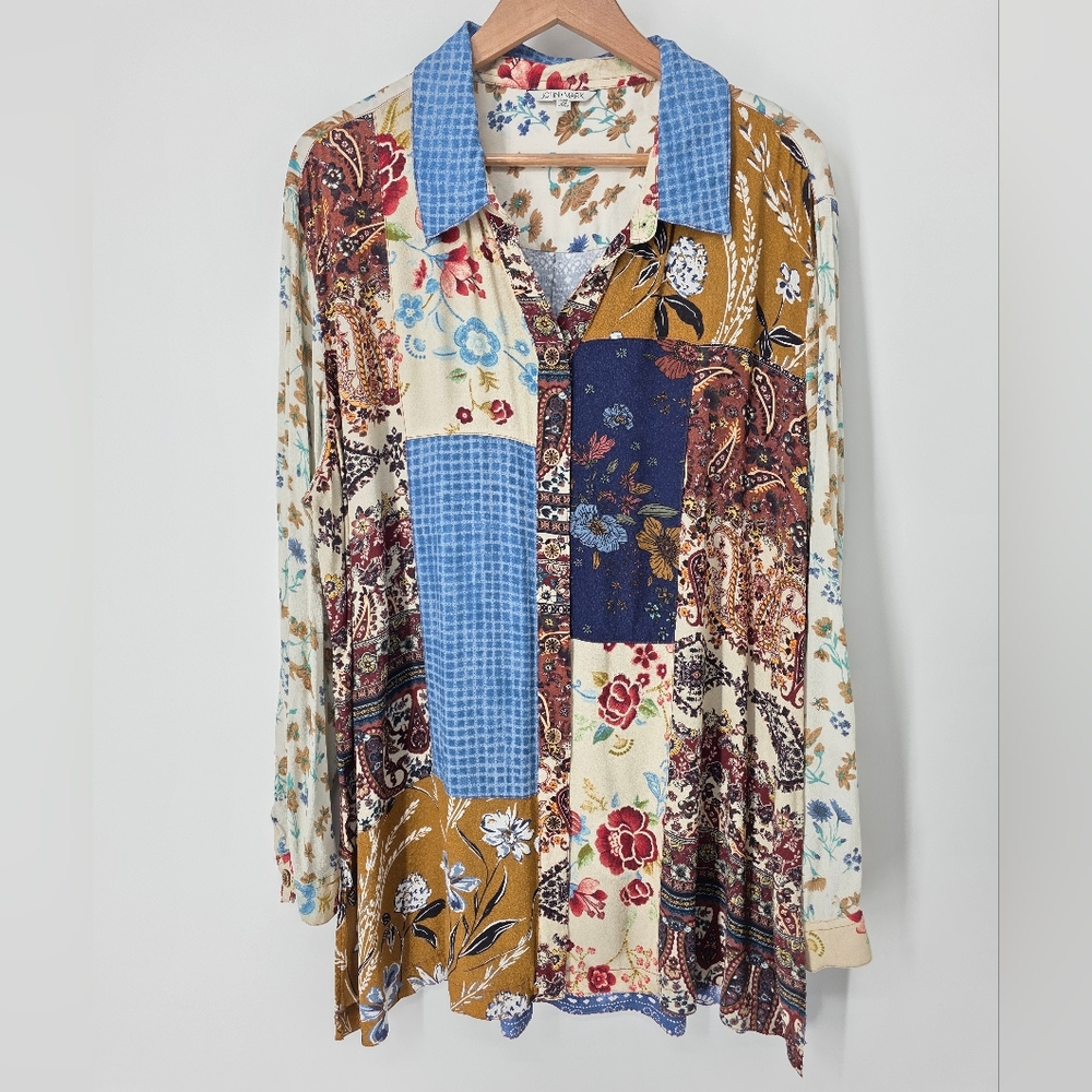 John Mark Floral Patchwork Button Front Convertib… - image 1